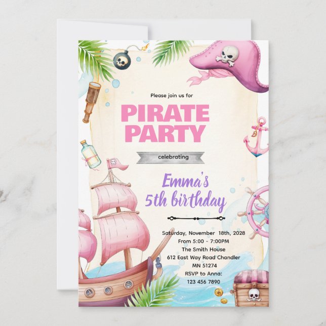 Invitación Pirate girl birthday theme invitation (Anverso)