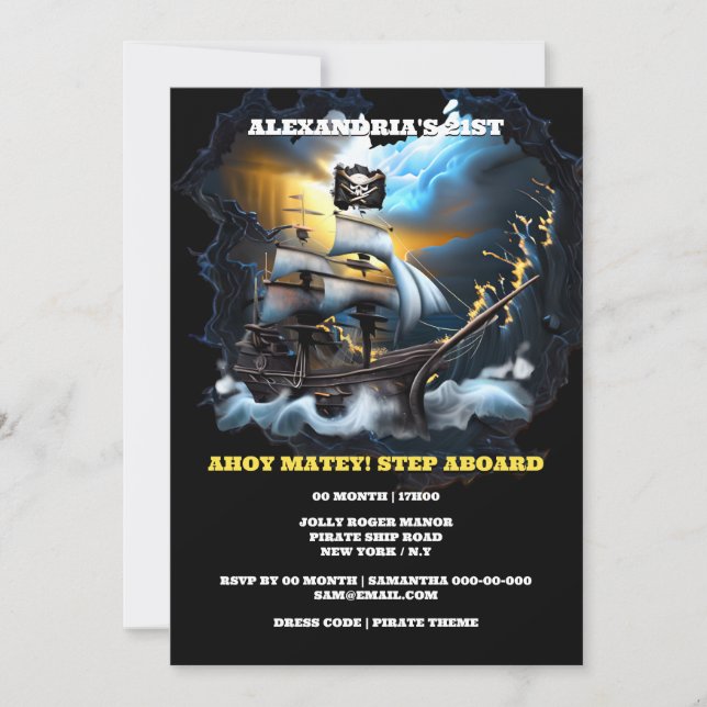 Invitación Pirate jolly roger barco fantasma galleon sea (Anverso)