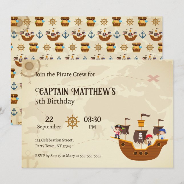 Invitación Pirate Ship Treasure Map Kids Birday Fiesta (Anverso / Reverso)