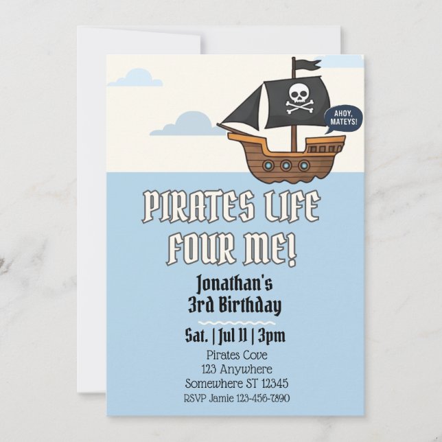 Invitación Pirates Life FOUR Me, Pirate 4th Birthday (Anverso)