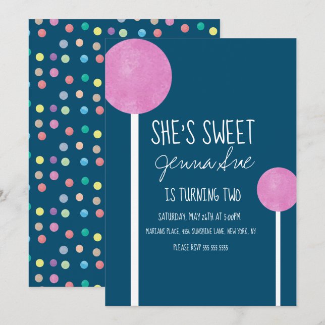 Invitación Piruleta De Caramelo De Acuarela Cumpleaños Rosa  (Anverso / Reverso)