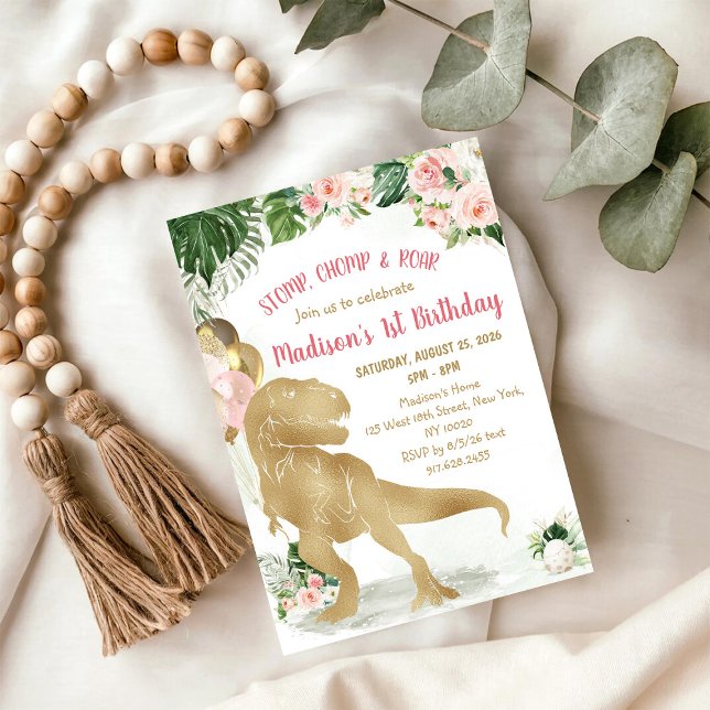 Invitación Pisa, Mastica, Cumpleaños Dinosaurio Dorado Rosa e (Subido por el creador)