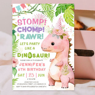 Invitación ¡Pisa y mastica Rugido! Cumpleaños 6 de niña dinos