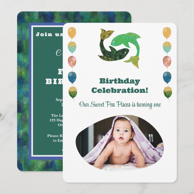 Invitación Pisces 1st Birthday Photo Impressionist Gold  Invi (Anverso / Reverso)