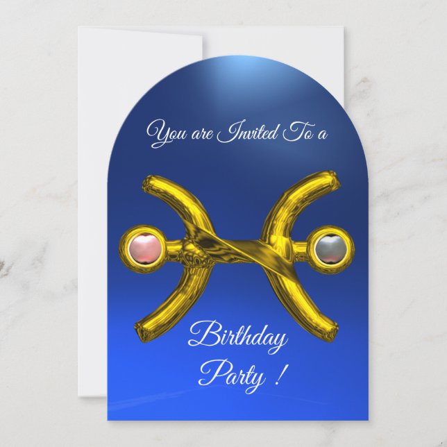 Invitación PISCES Gold Aqua Blue Zodiac Birthday Party (Anverso)