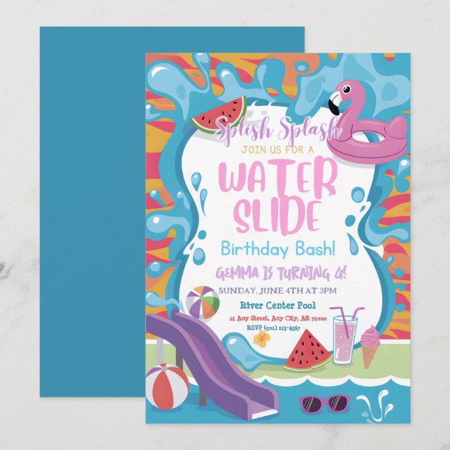 Invitación Piscina con tobogán de agua dulce niños Fiesta de  (Anverso / Reverso)