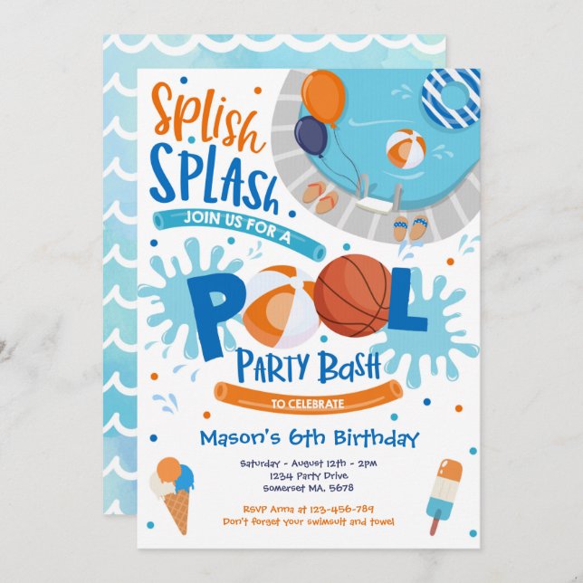 Invitación Piscina de baloncesto Fiesta Splish Splash Pool Cu (Anverso / Reverso)