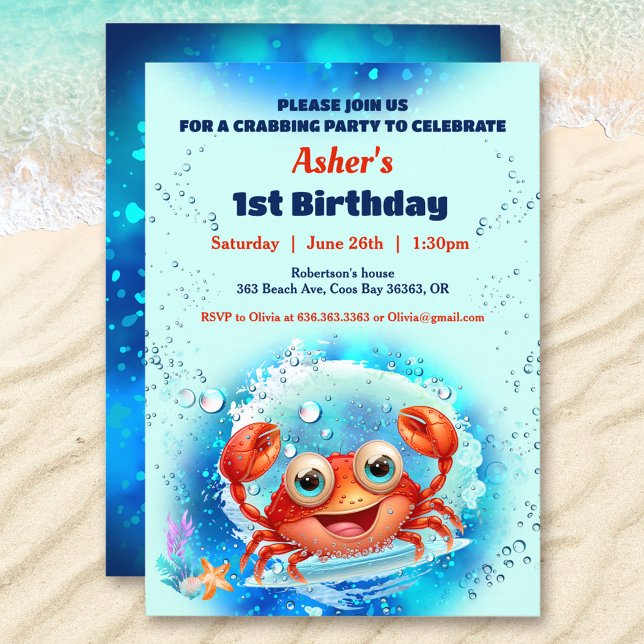 Invitación Piscina de cangrejo Fiesta de cumpleaños edad Pers (Crab Pool 1st Birthday Party Blue Boy Custom Age Invitation)