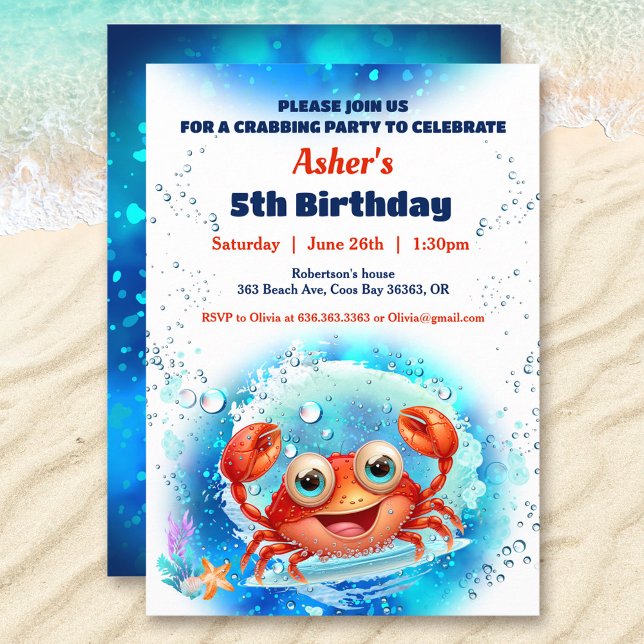 Invitación Piscina de cangrejo Primer Fiesta de cumpleaños Pe (Crab Pool 1st Birthday Party Boy Custom Age Invitation)
