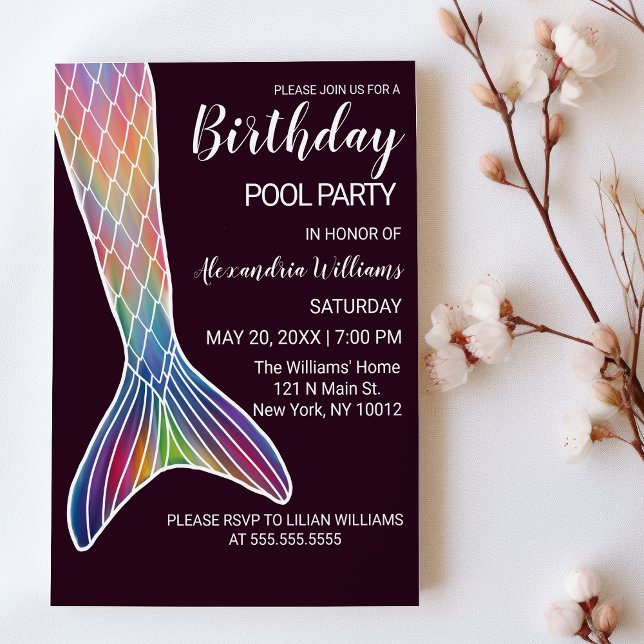 Invitación Piscina de cola de sirena rosa morado de Borgoña C (Burgundy Pink Purple Mermaid Tail Pool Birthday)