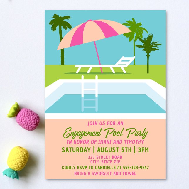 Invitación Piscina de compromiso Fiesta Piscina tropical (Engagement pool party invitation on a light background with tropical decorations. )