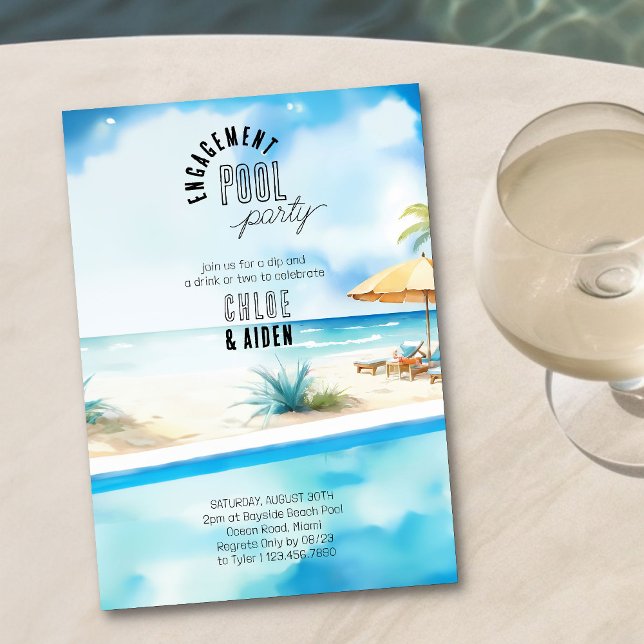 Invitación Piscina de compromiso Fiesta Watercolor Beach (Pool Party Invitation with watercolor beach view - easy to customize for engagement, anniversary etc)