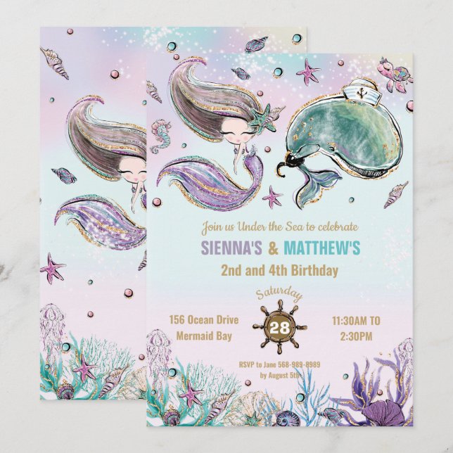 Invitación Piscina de cumpleaños conjunta de gemelos piratas  (Anverso / Reverso)
