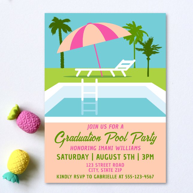 Invitación Piscina de graduación Fiesta Piscina tropical (Graduation pool party invitation on a light background with tropical pineapple accessories.)