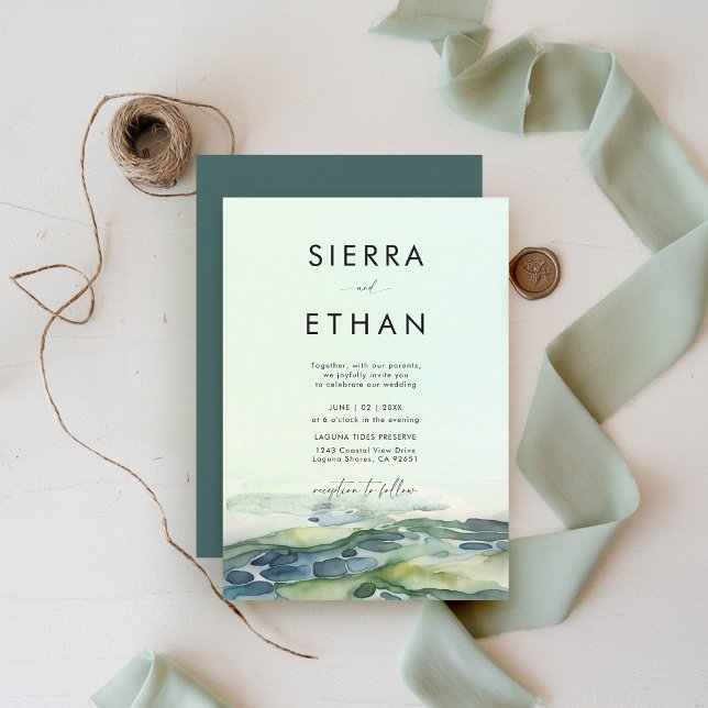 Invitación Piscina de marea costera Boda moderno verde audaz (coastal wedding invitation rocky beach tide pool sea sage green ecru elegant romantic bright)