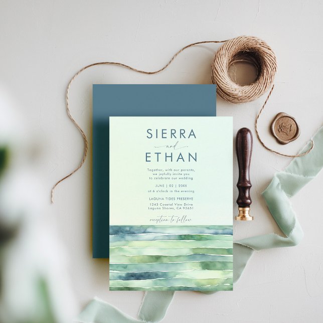 Invitación Piscina de marea costera Mar rayas modernas Boda (coastal wedding invitation rocky beach tide pool sea sage green navy stripes elegant modern romantic)