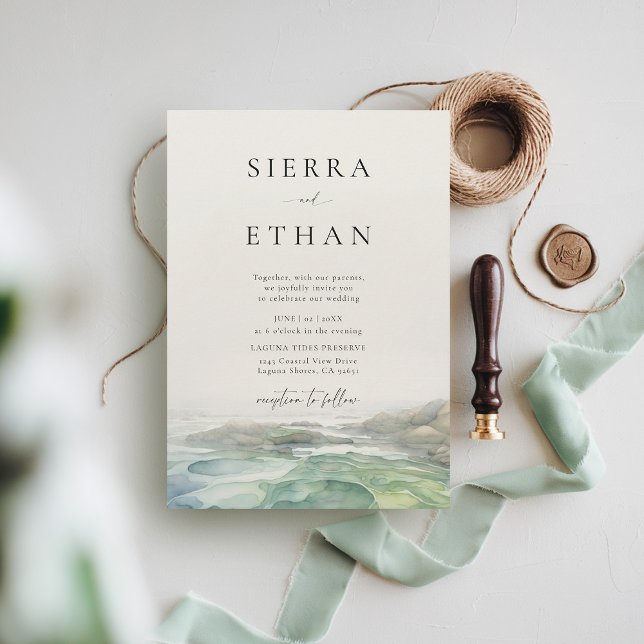 Invitación Piscina De Marea En Playa Costera Ecru Boda Verde  (coastal wedding invitation rocky beach tide pool sage green ecru elegant romantic)
