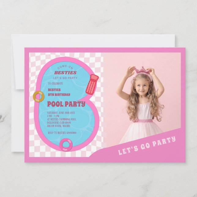 Invitación Piscina de muñecas Retro Rosa Fiesta de foto de cu (Anverso)