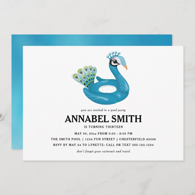 Invitación Piscina de pavo real flotante Fiesta cumpleaños (Anverso / Reverso)