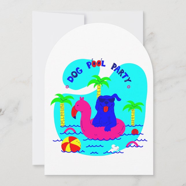Invitación piscina de perro fiesta palmeras flamingo verano d (Anverso)