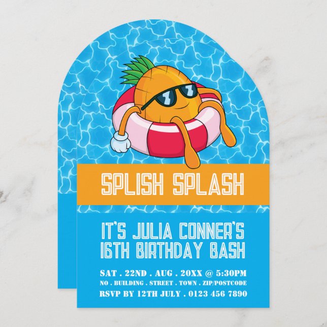 Invitación Piscina de piña flotante, Fiesta de piscina cumple (Anverso / Reverso)