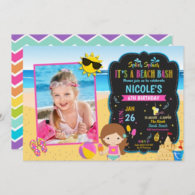 Invitación Piscina de playa Chica de cumpleaños con foto (Anverso / Reverso)