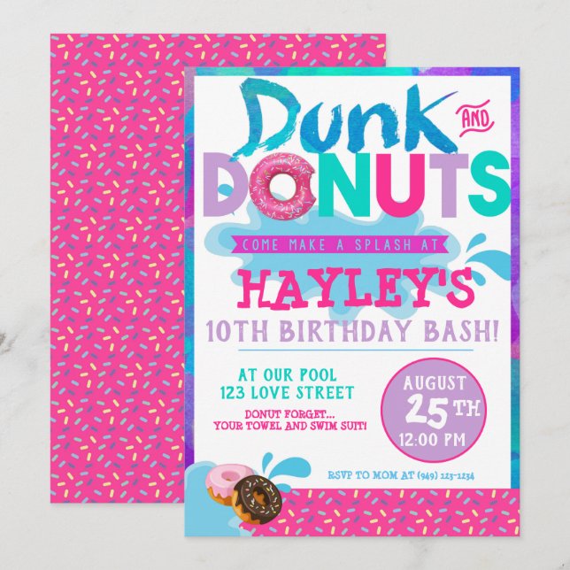 Invitación Piscina de salpicaduras pozo y donut con Fiesta de (Anverso / Reverso)