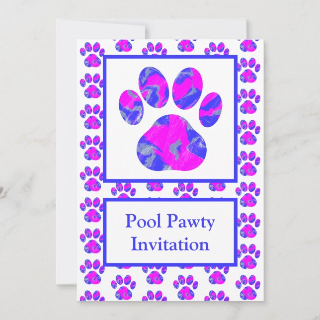 Invitación Piscina de silueta azul rosa de paw animal azul pa (Anverso)