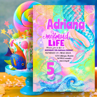 Invitación Piscina de sirena Fiesta de mar Purpurina de chisp