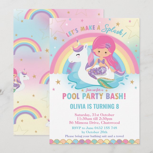 Invitación Piscina de sirenas y unicornio Fiesta de pelo rosa (Anverso / Reverso)