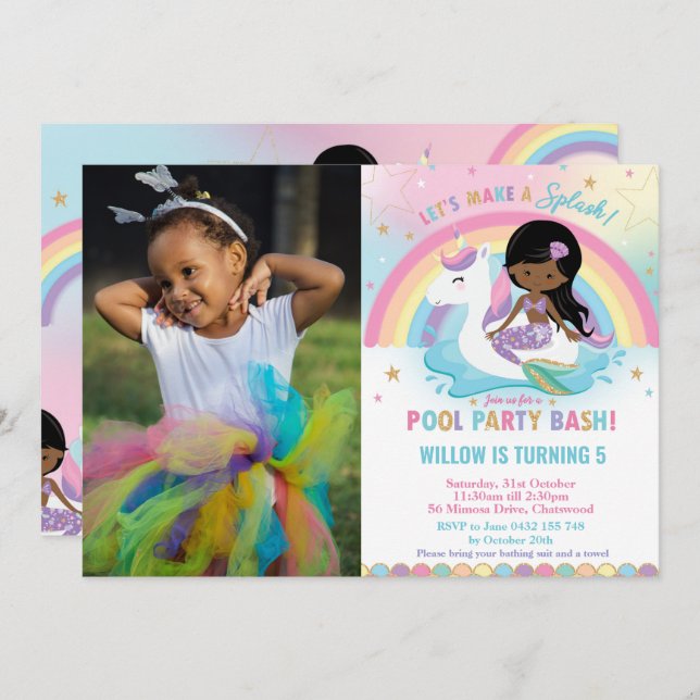 Invitación Piscina de sirvienta Unicornio Fiesta cumpleaños t (Anverso / Reverso)