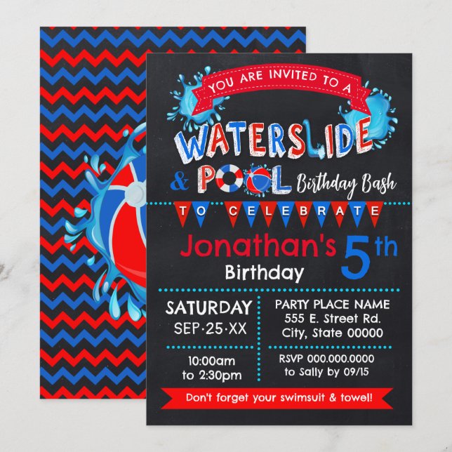 Invitación Piscina de tobogán de agua de cartón de cumpleaños (Anverso / Reverso)