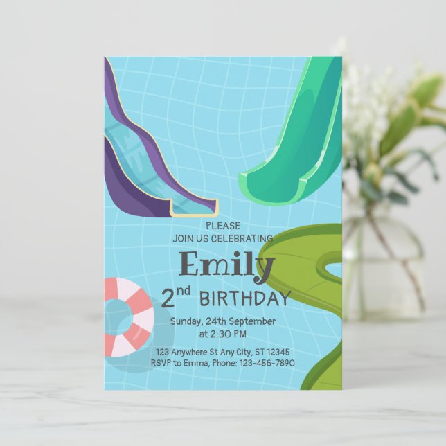 Invitación Piscina de toboganes de agua fiesta de cumpleaños, (Anverso de pie)