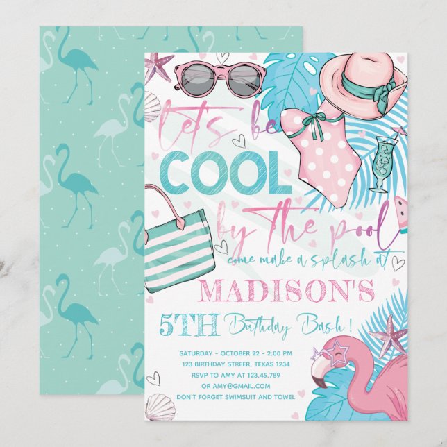 Invitación Piscina de verano fiesta de cumpleaños Cute turque (Anverso / Reverso)