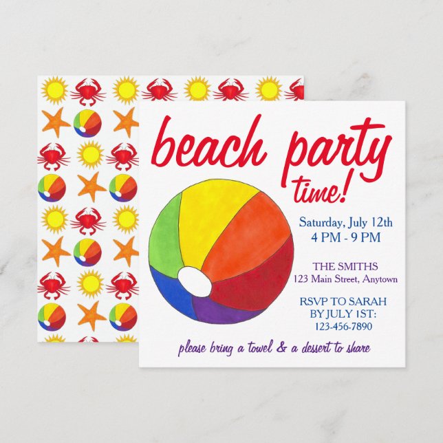 Invitación Piscina de verano Fiesta Sun Beachball Crab (Anverso / Reverso)