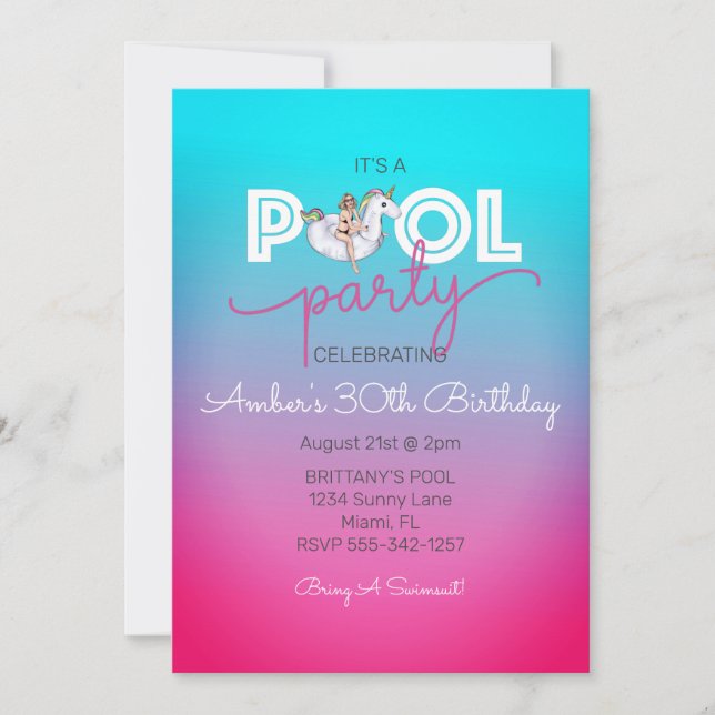 Invitación Piscina de verano flotante unicornio 30 años Fiest (Anverso)