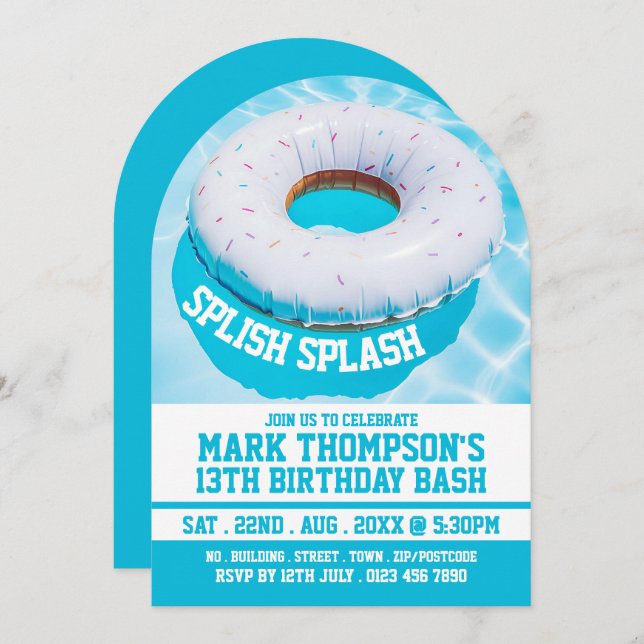 Invitación Piscina Donut, Piscina Fiesta Cumpleaños (Anverso / Reverso)