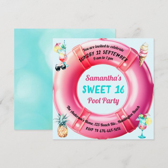 Invitación Piscina Fiesta Cocktails Pineapple Sweet 16 Cute (Anverso / Reverso)