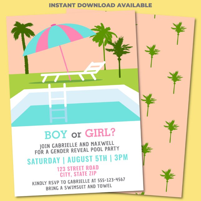 Invitación Piscina Fiesta de sexo revelado Piscina tropical (Tropical gender reveal pool party invitation)