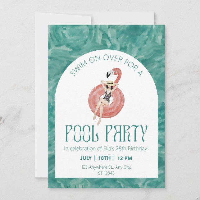 Invitación Piscina Fiesta Flamingo Rosa Acuarela (Anverso)