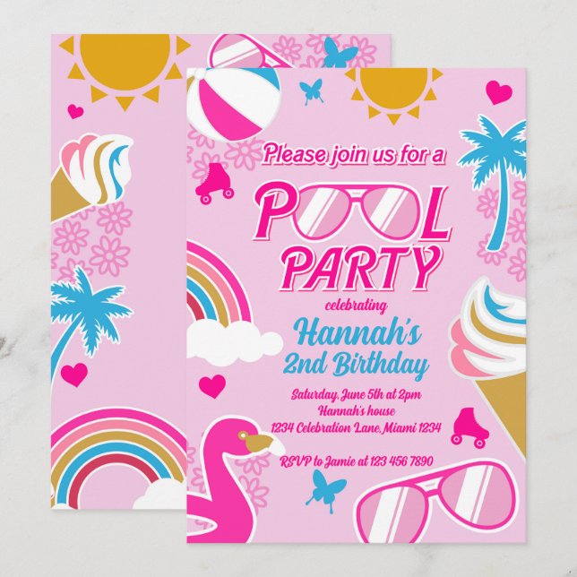 Invitación Piscina Fiesta Malibu Beach Birthday Chica Doll ve (Anverso / Reverso)