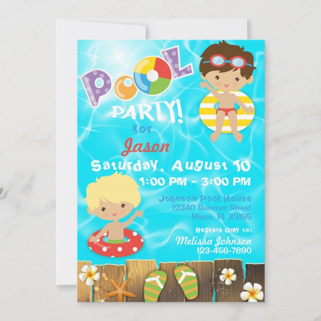 Invitación Piscina Fiesta Niños Natación Cumpleaños (Anverso)