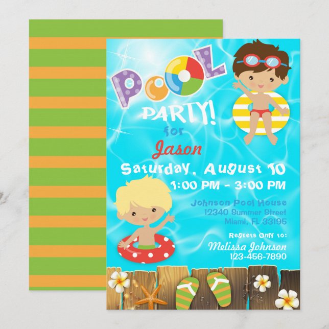 Invitación Piscina Fiesta Niños Natación Cumpleaños (Anverso / Reverso)