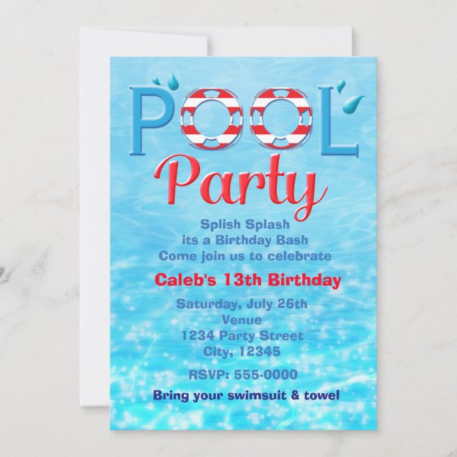 Invitación PISCINA FIESTA Típografía de cumpleaños rojo Invit (Anverso)