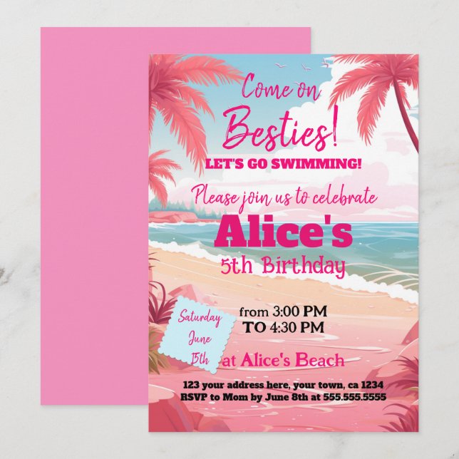 Invitación Piscina Malibu Doll Beach Cumpleaños (Anverso / Reverso)