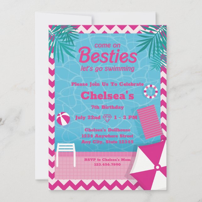Invitación Piscina Malibu Doll Beach Cumpleaños (Anverso)