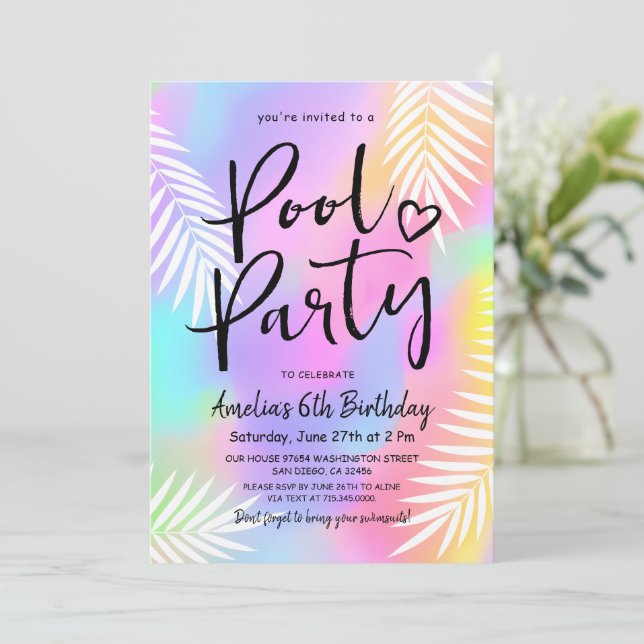 Invitación Piscina Pastel Arcoiris Fiesta de Cumpleaños (Anverso de pie)