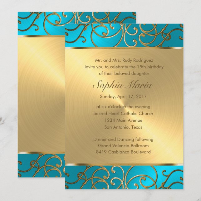 Invitación Piscina Quinceanera Turquesa Azul y Oro Filigrí (Anverso / Reverso)