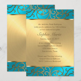 Invitación Piscina Quinceanera Turquesa Azul y Oro Filigrí