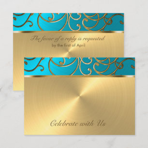 Invitación Piscina Quinceanera Turquesa Azul y Oro Filigrí
